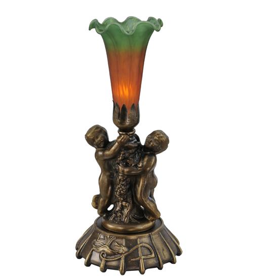 12&#34; High Amber/Green Pond Lily Twin Cherub Mini Lamp