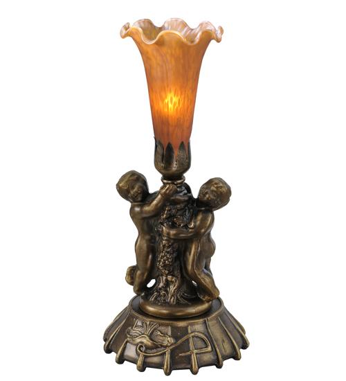 12&#34; High Amber Pond Lily Twin Cherub Mini Lamp