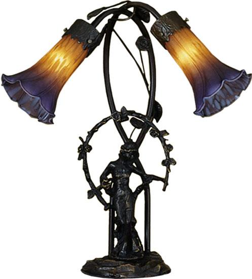 17&#34; High Amber/Purple Tiffany Pond Lily 2 Light Trellis Girl Accent Lamp