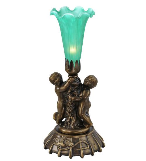 12&#34; High Green Pond Lily Twin Cherub Mini Lamp