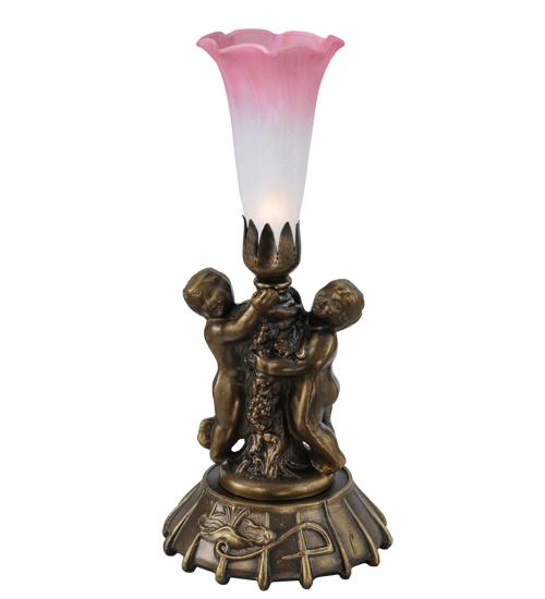 12&#34; High Pink/White Pond Lily Twin Cherub Mini Lamp