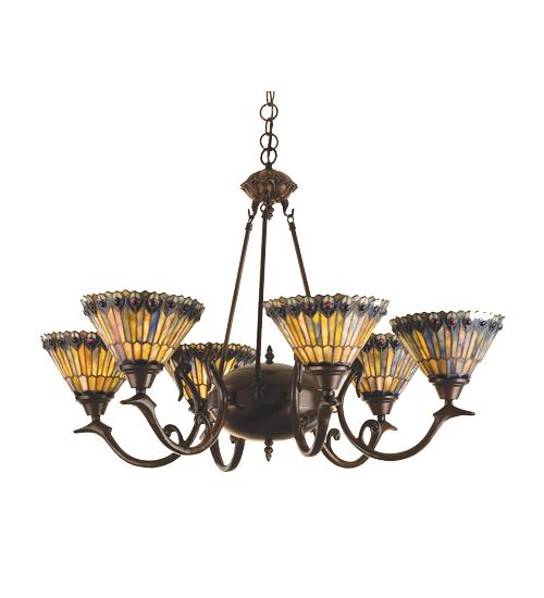 33&#34;W Tiffany Jeweled Peacock 6 LT Chandelier