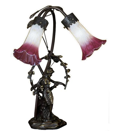 17&#34; High Pink/White Tiffany Pond Lily 2 Light Trellis Girl Accent Lamp