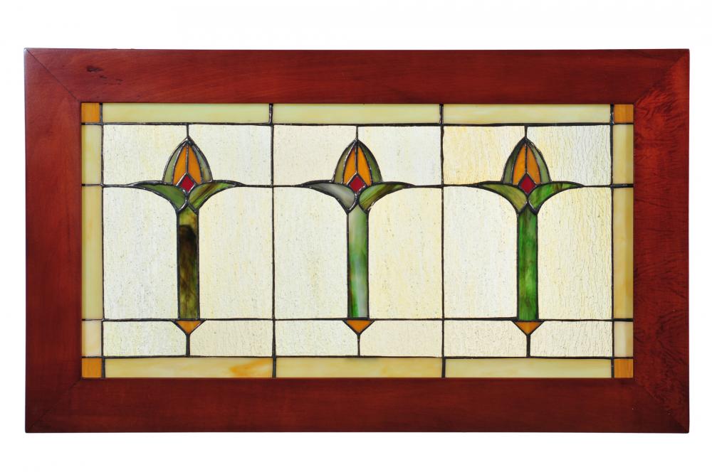 24&#34; Wide X 14&#34; High Arts & Crafts Bud Trio Wood Frame Stained Glass Window