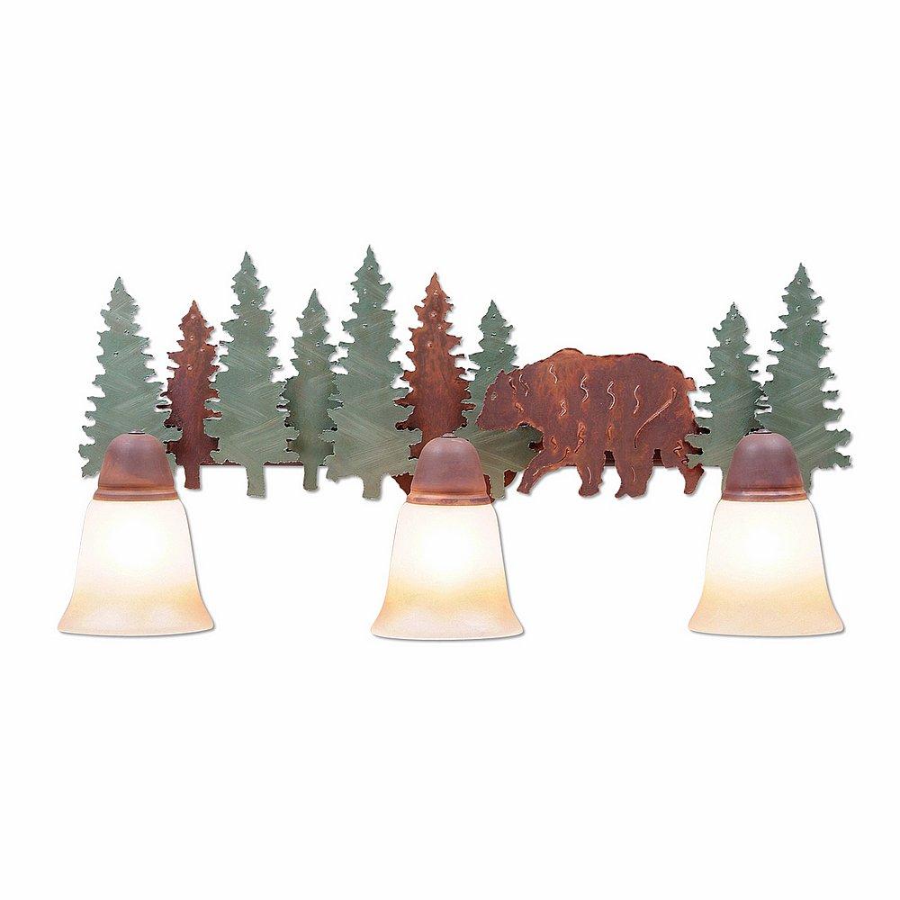 Lakeside Triple Bath Vanity Light - Bear - Two-Toned Amber Cream Bell Glass - Pine Tree Green