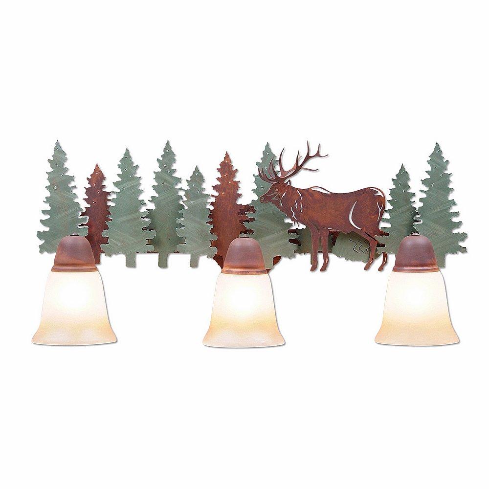 Lakeside Triple Bath Vanity Light - Elk - Two-Toned Amber Cream Bell Glass - Pine Tree Green