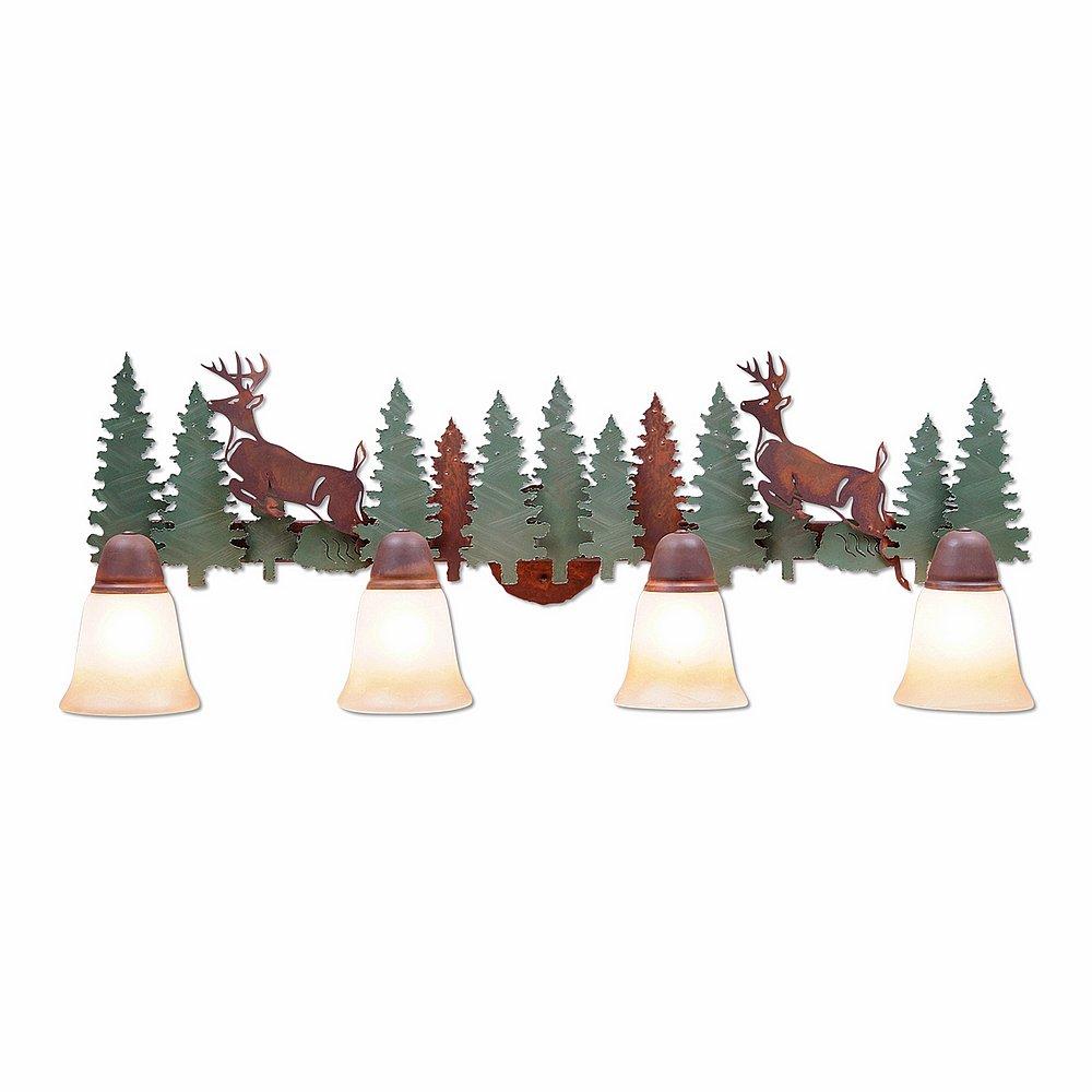 Lakeside Quad Bath Vanity Light - Deer - Two-Toned Amber Cream Bell Glass - Pine Tree Green