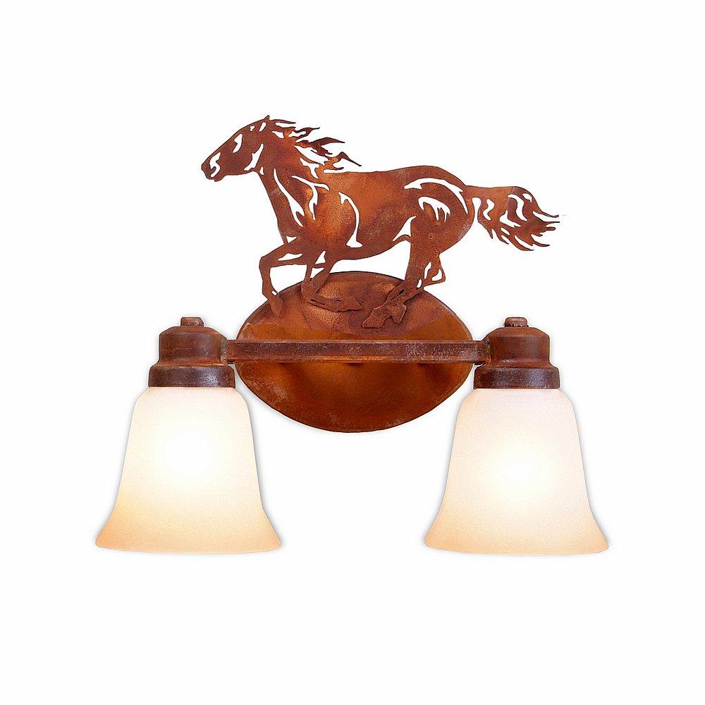 Sienna Double Bath Vanity Light - Horse - Two-Toned Amber Cream Bell Glass - Rust Patina Finish