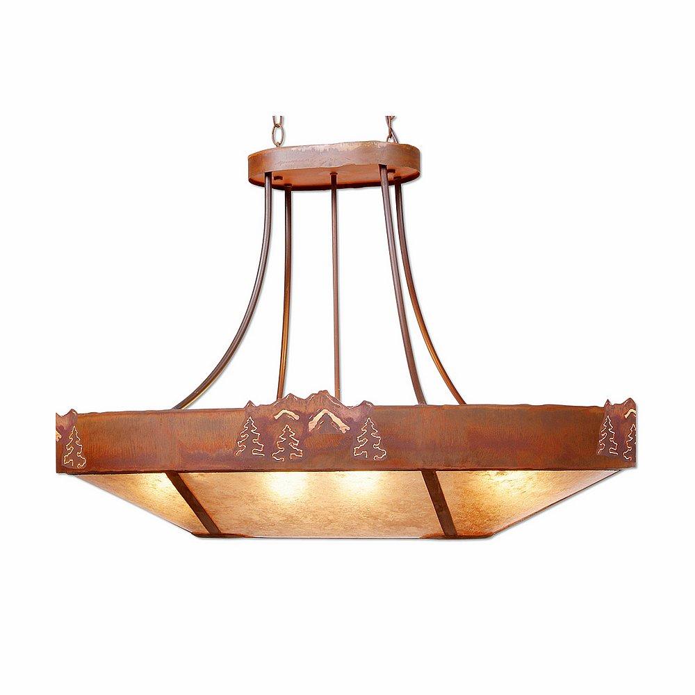 Ridgemont Chandelier Oval - Mountain-Pine Tree Cutouts - Almond Mica Shade - Rust Patina Finish