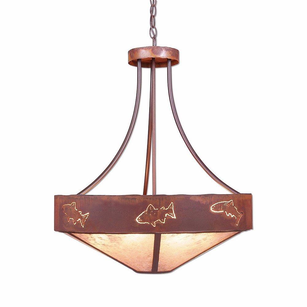 Ridgemont Chandelier Small - Shade Bottom - Fish Cutout - Almond Mica Shade - Rust Patina Finish