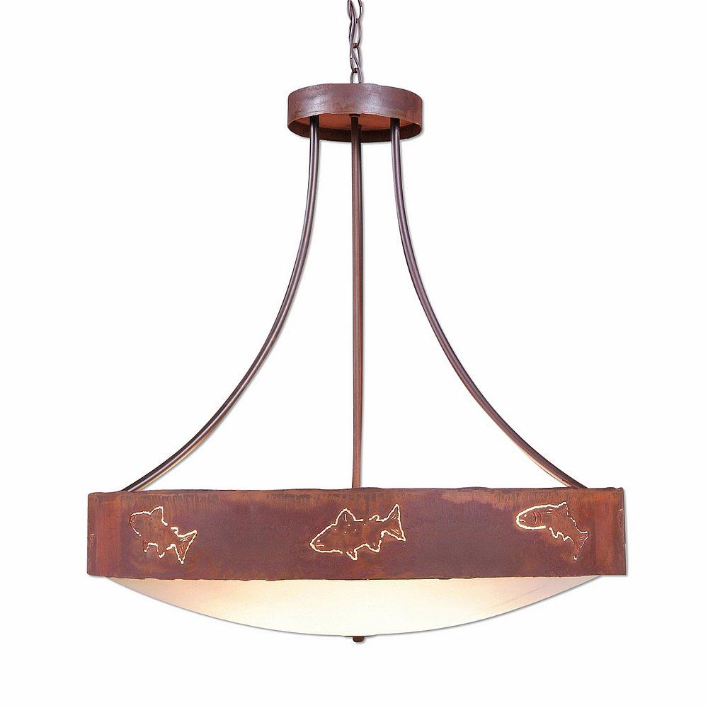 Ridgemont Chandelier Medium - Bowl Bottom - Fish Cutout - Frosted Glass Bowl - Rust Patina Finish