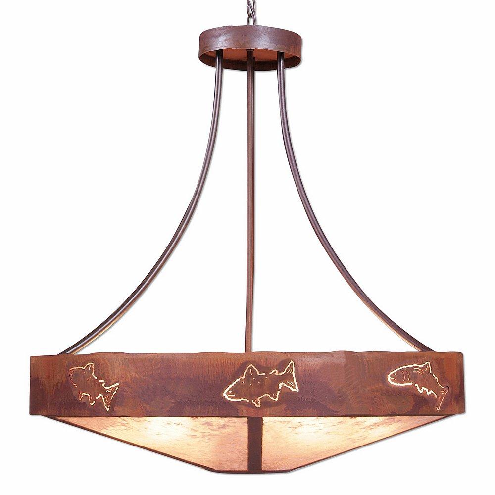 Ridgemont Chandelier Large - Shade Bottom - Fish Cutout - Almond Mica Shade - Rust Patina Finish