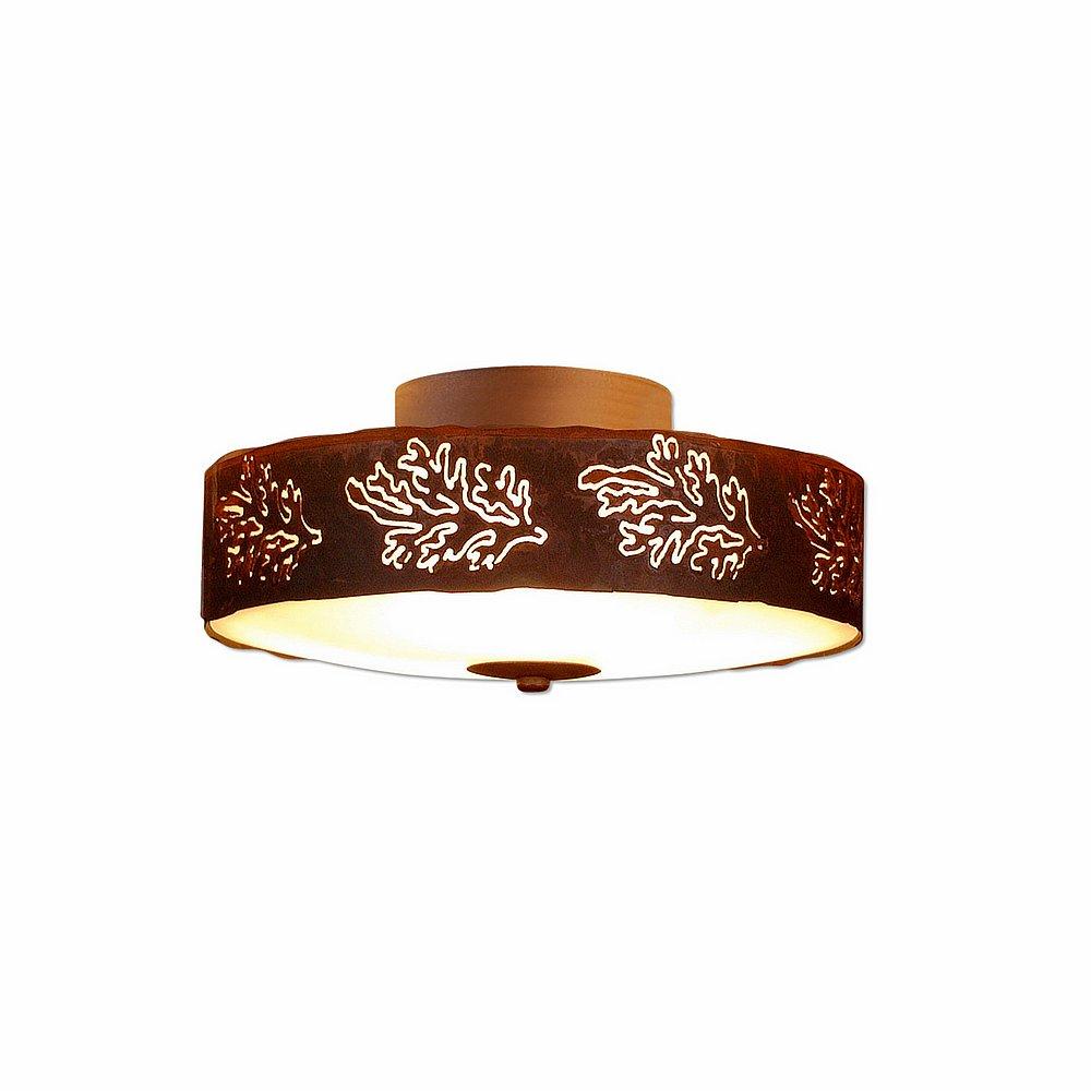 Ridgewood Close-to-Ceiling Small - Cedar Bough Cutout - Frosted Glass Bowl - Rust Patina Finish