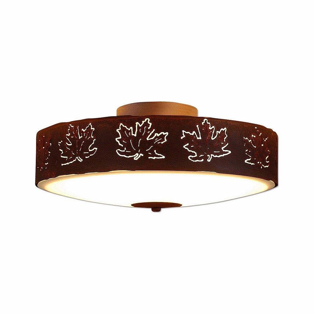 Ridgewood Close-to-Ceiling Large - Maple Cutout - Frosted Glass Bowl - Rust Patina Finish