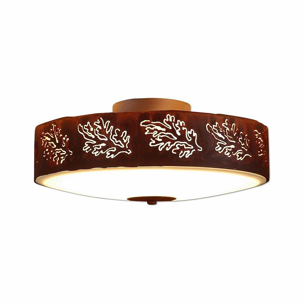 Ridgewood Close-to-Ceiling Large - Cedar Bough Cutout - Frosted Glass Bowl - Rust Patina Finish