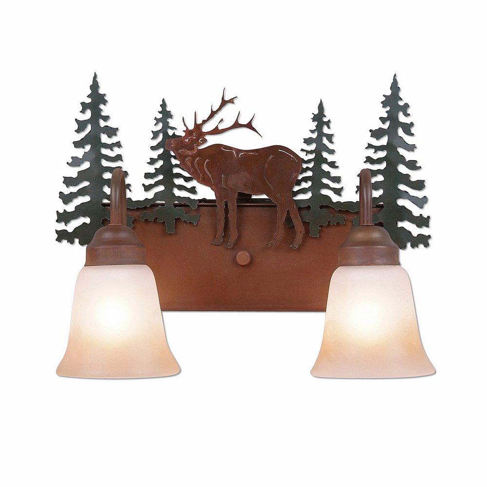 Wasatch Double Bath Vanity Light - Mountain Elk - Two-Toned Amber Cream Bell Glass - Cedar Green