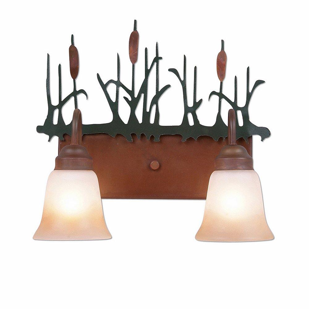 Wasatch Double Bath Vanity Light - Cattails - Two-Toned Amber Cream Bell Glass - Cedar Green