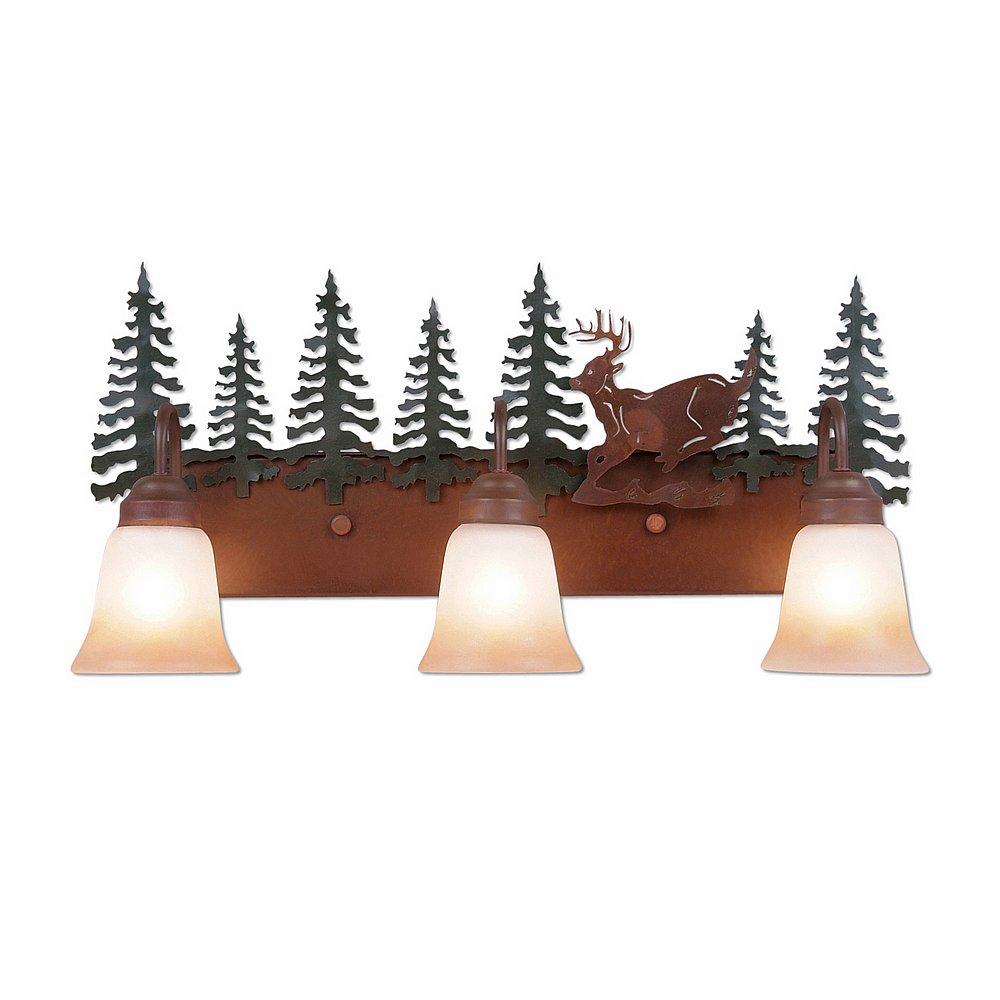 Wasatch Triple Bath Vanity Light - Mountain Deer - Two-Toned Amber Cream Bell Glass - Cedar Green