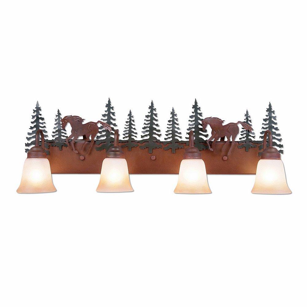 Wasatch Quad Bath Vanity Light - Mountain Horse - Two-Toned Amber Cream Bell Glass - Cedar Green