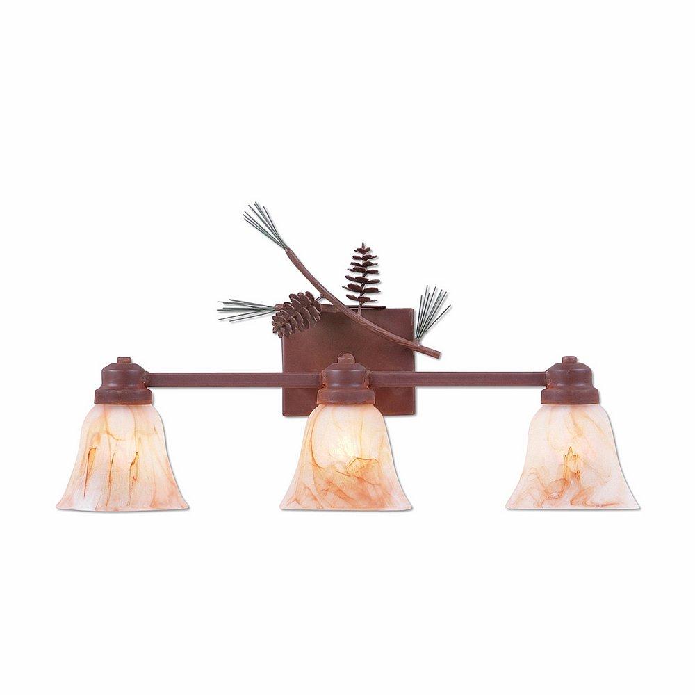 Parkshire Triple Bath Vanity Light - Pine Cone - Marbled Amber Swirl Bell Glass - Pine Tree Green