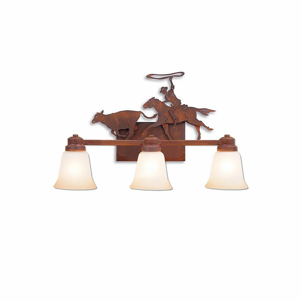 Parkshire Triple Bath Vanity Light - Roping Cowboy - Two-Toned Amber Cream Bell Glass