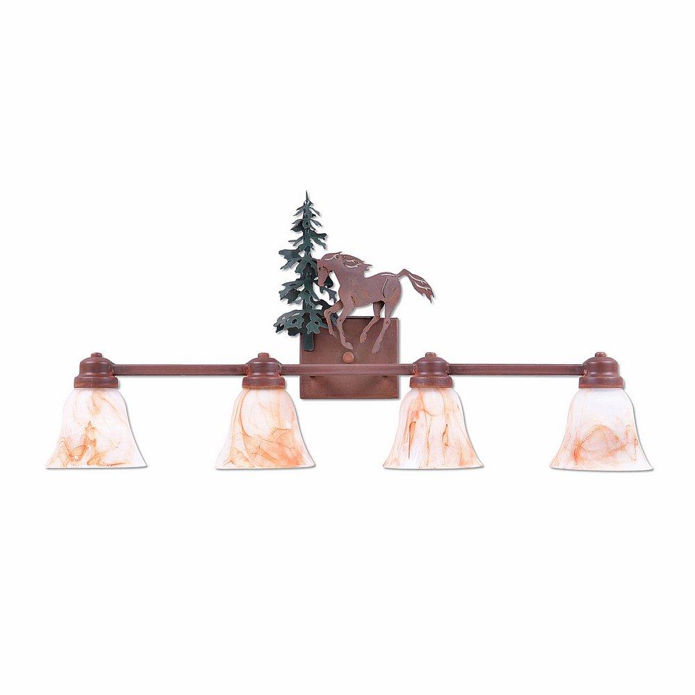 Parkshire Quad Bath Vanity Light - Mountain Horse - Marbled Amber Swirl Bell Glass - Cedar Green