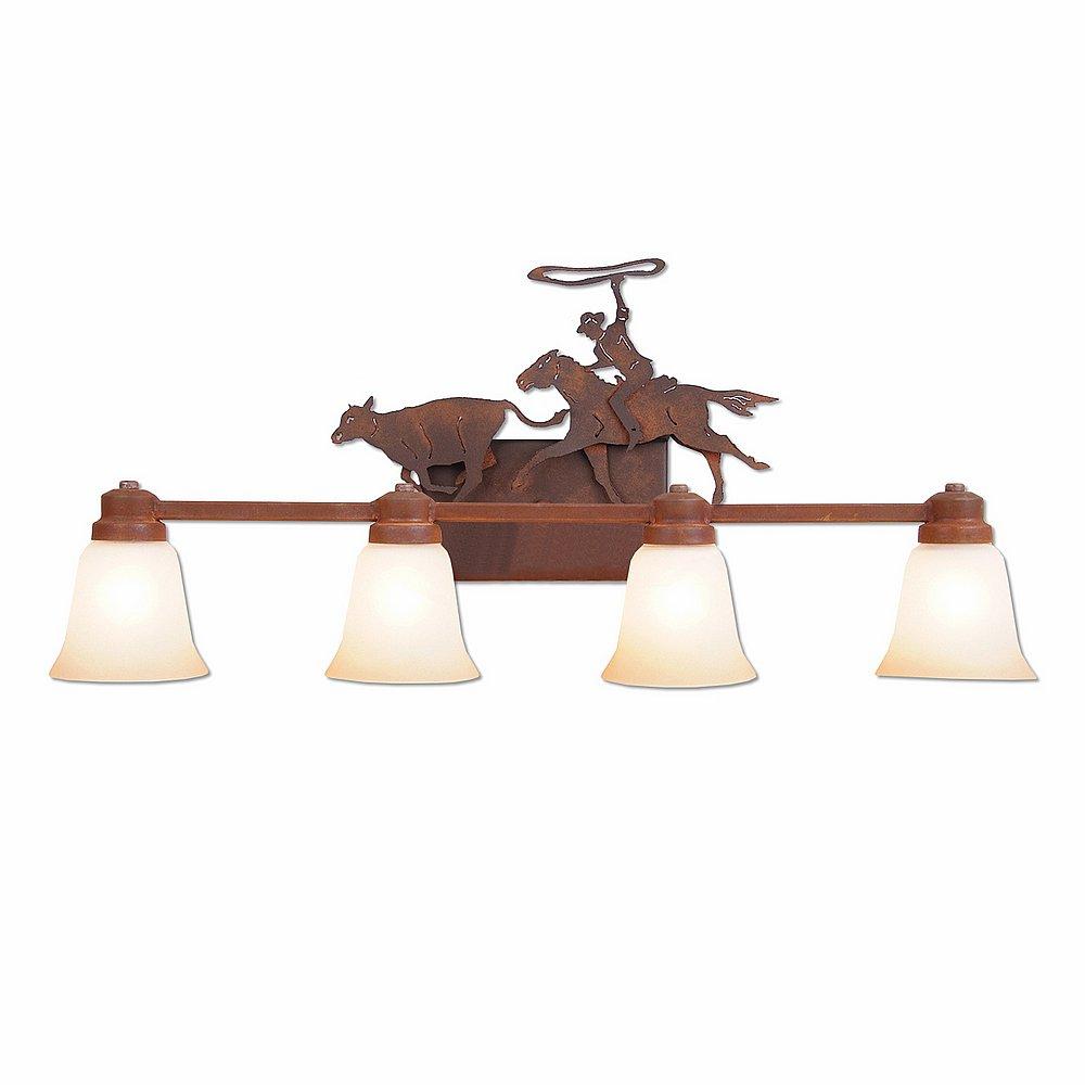 Parkshire Quad Bath Vanity Light - Roping Cowboy - Two-Toned Amber Cream Bell Glass