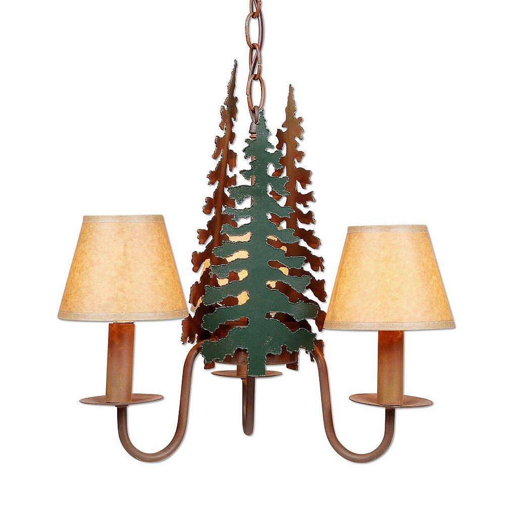 Diablo Mini-Chandelier - Cedar Tree - Waxed Kraft Lampshade - Cedar Green-Rust Patina base Finish