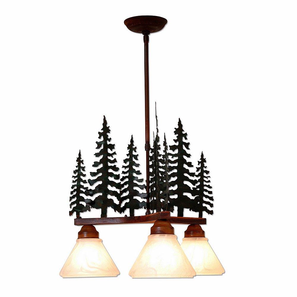 Cedarwood Chandelier 3 light - Cedar Tree - Opal White Cone Glass - Cedar Green