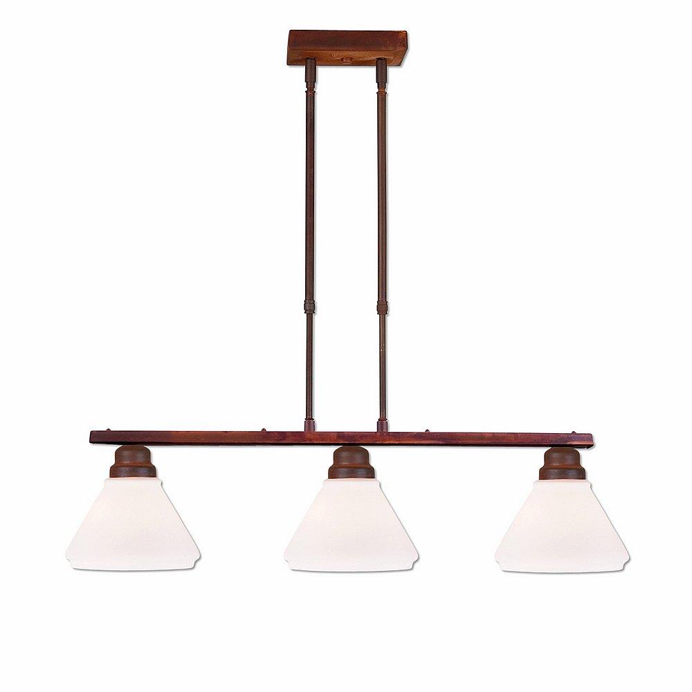 Cedarwood Kitchen Island Light Triple - Rustic Plain - Opal White Cone Glass - Rust Patina Finish