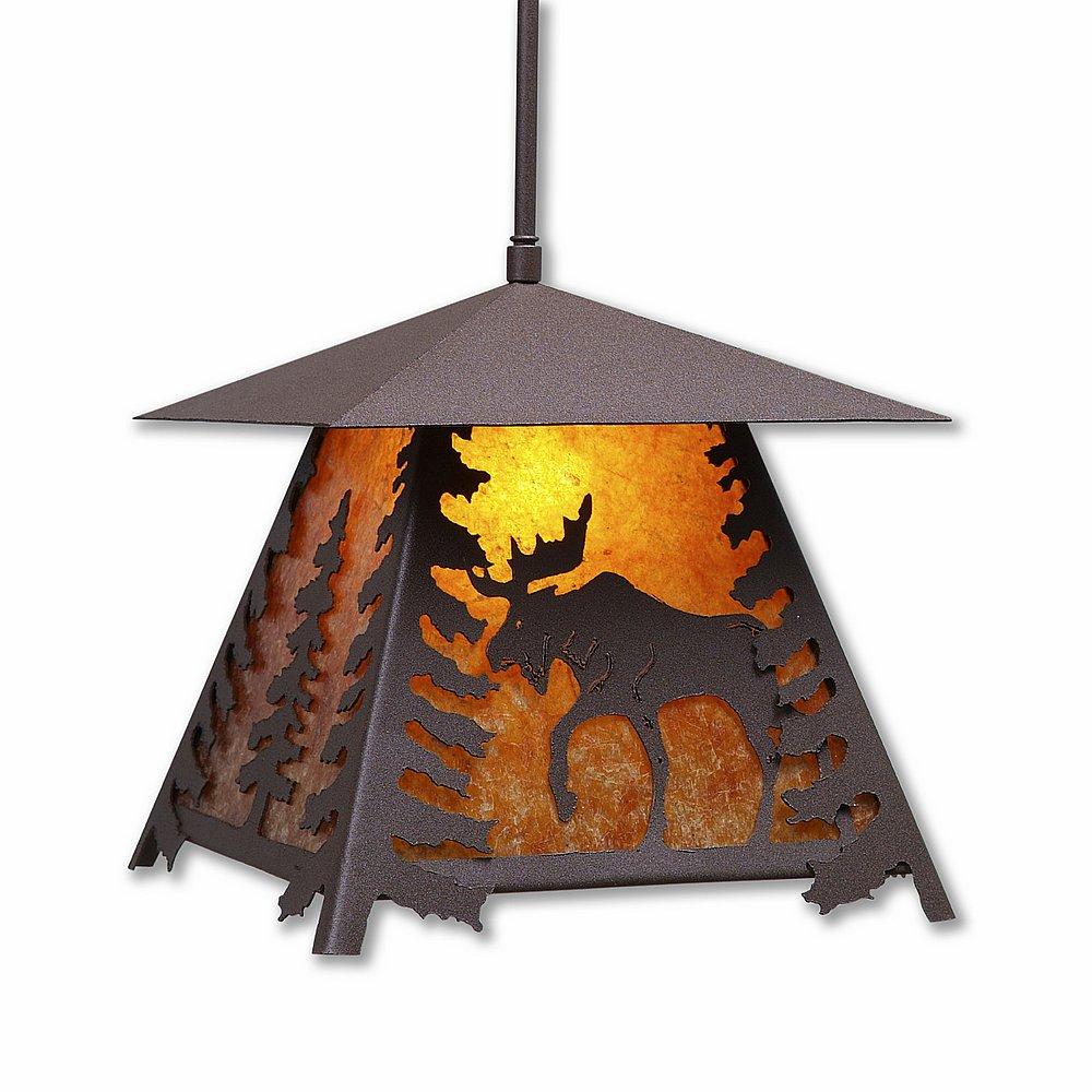 Smoky Mountain Pendant Large - Mountain Moose - Amber Mica Shade - Rustic Brown Finish