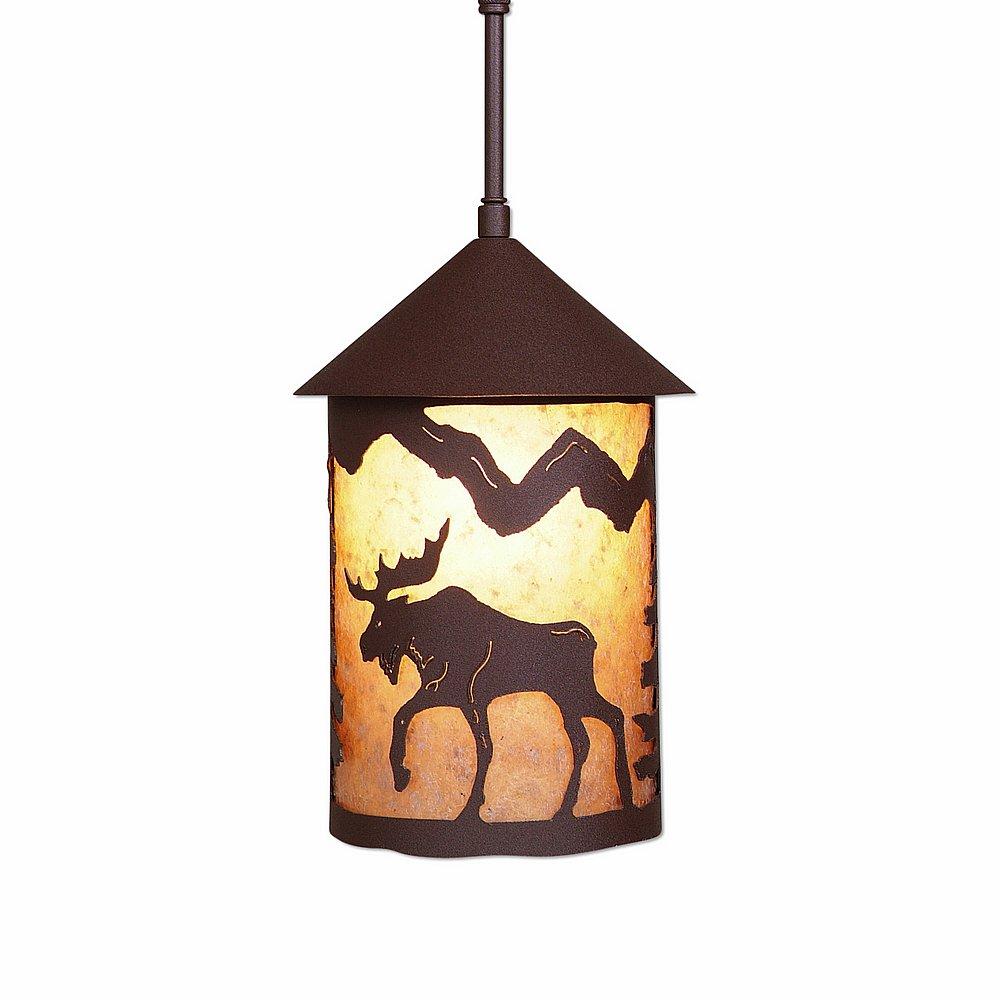 Cascade Pendant Medium - Mountain Moose - Almond Mica Shade - Rustic Brown Finish - Adjustable Stem