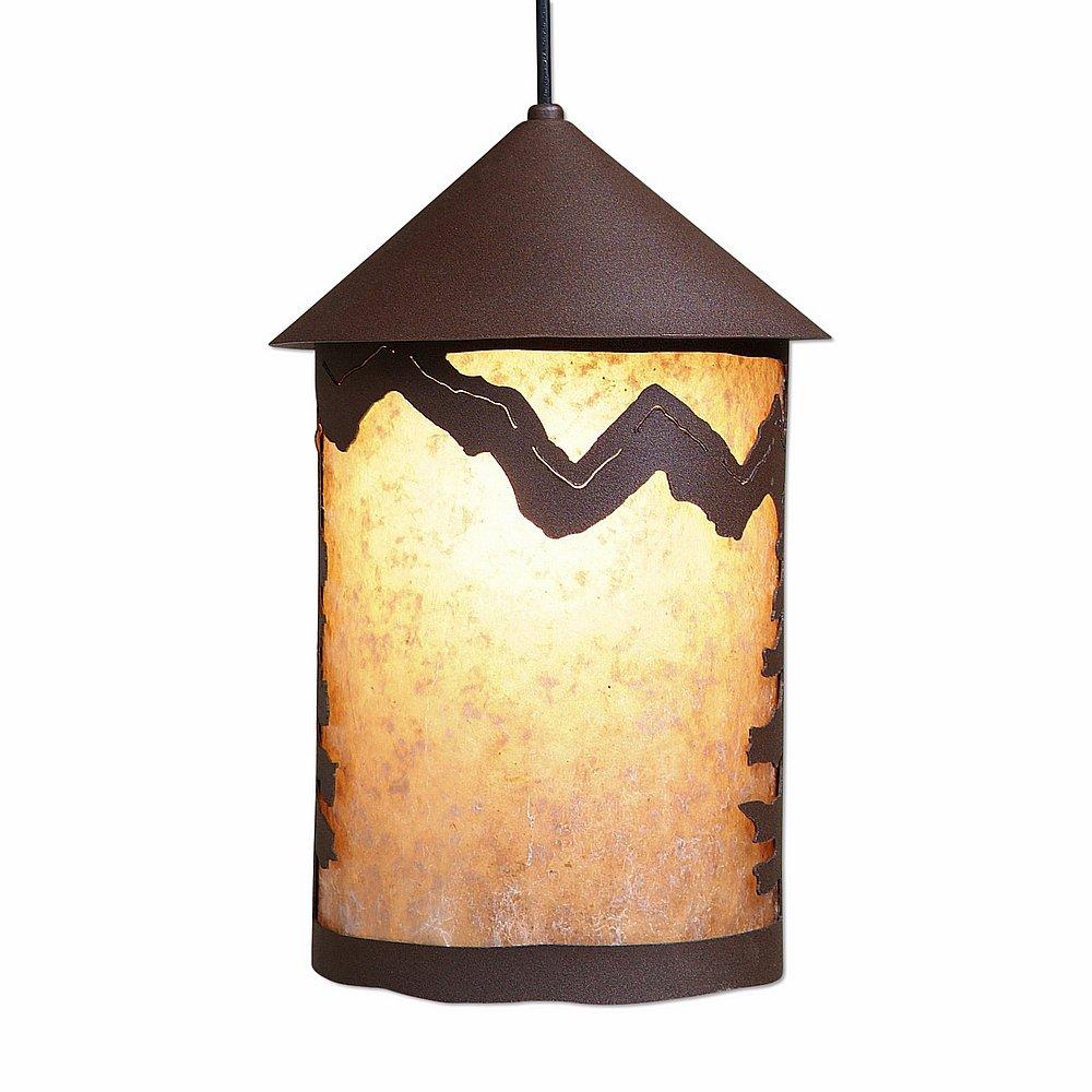 Cascade Pendant Large - Rustic Plain - Almond Mica Shade - Rustic Brown Finish - Adjustable Stem