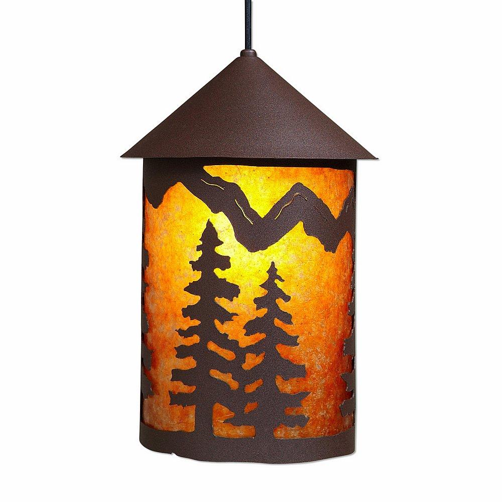 Cascade Pendant Large - Spruce Tree - Amber Mica Shade - Rustic Brown Finish - Adjustable Stem