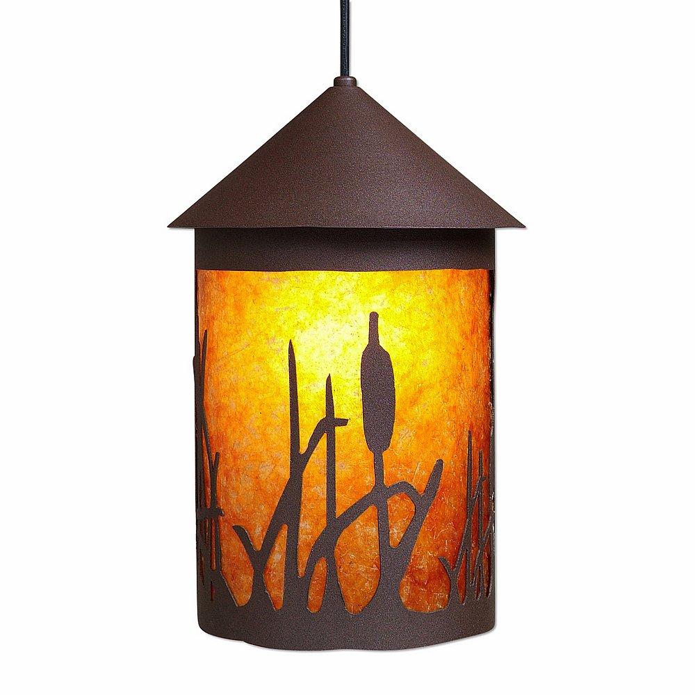 Cascade Pendant Large - Cattails - Amber Mica Shade - Rustic Brown Finish - Adjustable Stem