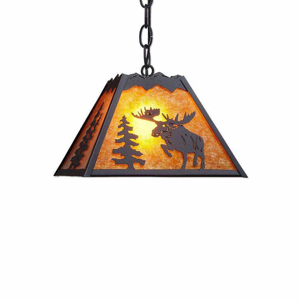 Rocky Mountain Pendant Small - Alaska Moose - Amber Mica Shade - Black Iron Finish - Chain