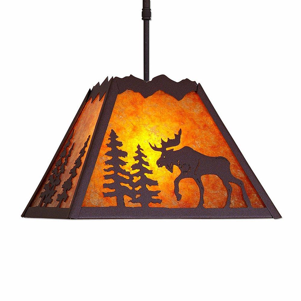 Rocky Mountain Pendant Large - Mountain Moose - Amber Mica Shade - Rustic Brown Finish