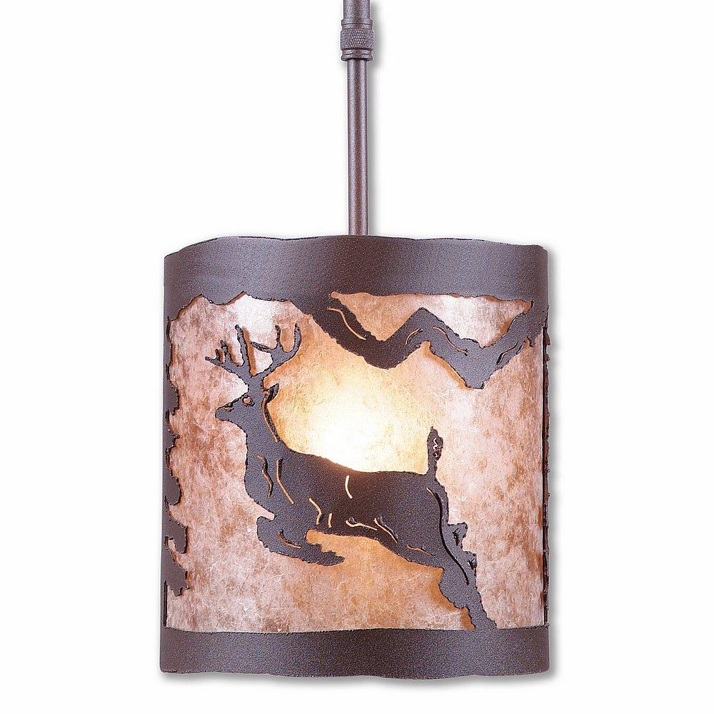 Kincaid Pendant Small - Valley Deer - Almond Mica Shade - Rustic Brown Finish - Adjustable Stem