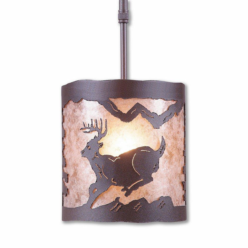 Kincaid Pendant Small - Mountain Deer - Almond Mica Shade - Rustic Brown Finish - Adjustable Stem