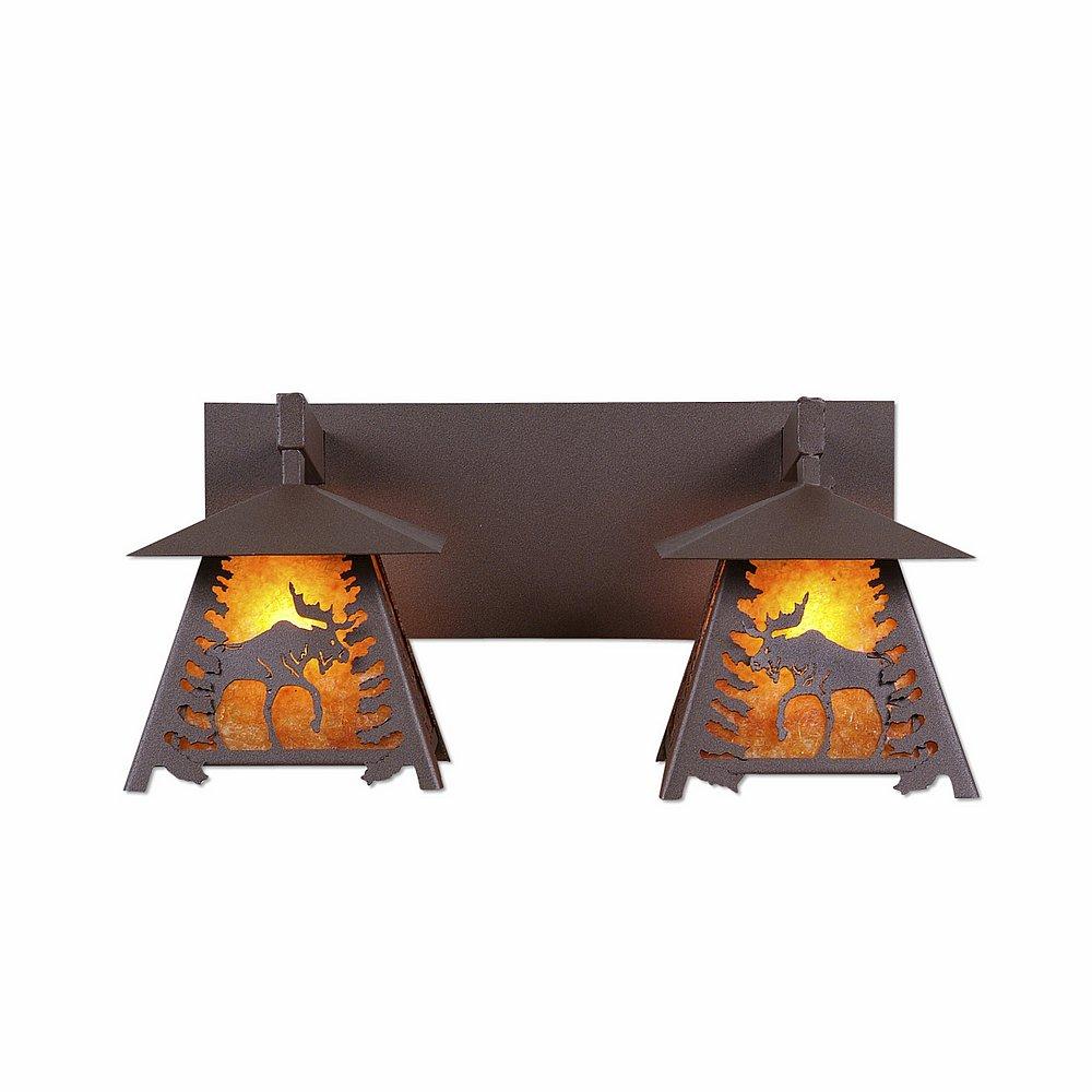 Smoky Mountain Double Bath Vanity Light - Mountain Moose - Amber Mica Shade - Rustic Brown Finish