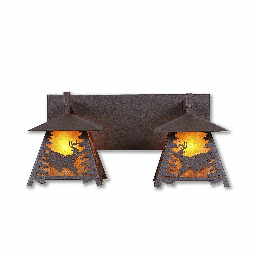 Smoky Mountain Double Bath Vanity Light - Mountain Deer - Amber Mica Shade - Rustic Brown Finish