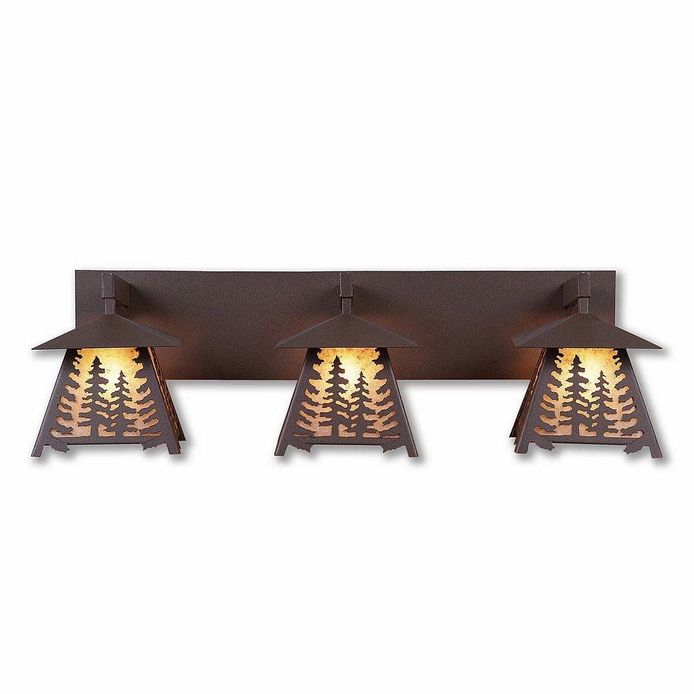 Smoky Mountain Triple Bath Vanity Light - Spruce Tree - Almond Mica Shade - Rustic Brown Finish