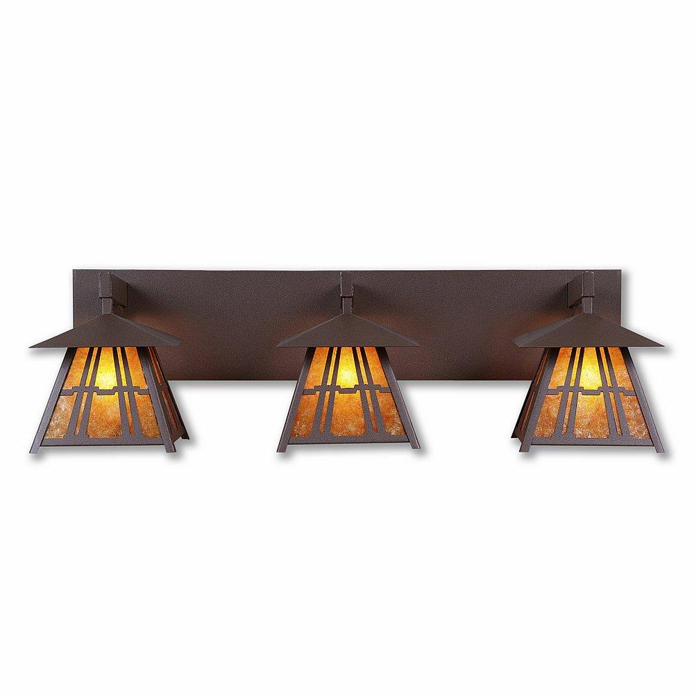 Smoky Mountain Triple Bath Vanity Light - Eastlake - Amber Mica Shade - Rustic Brown Finish