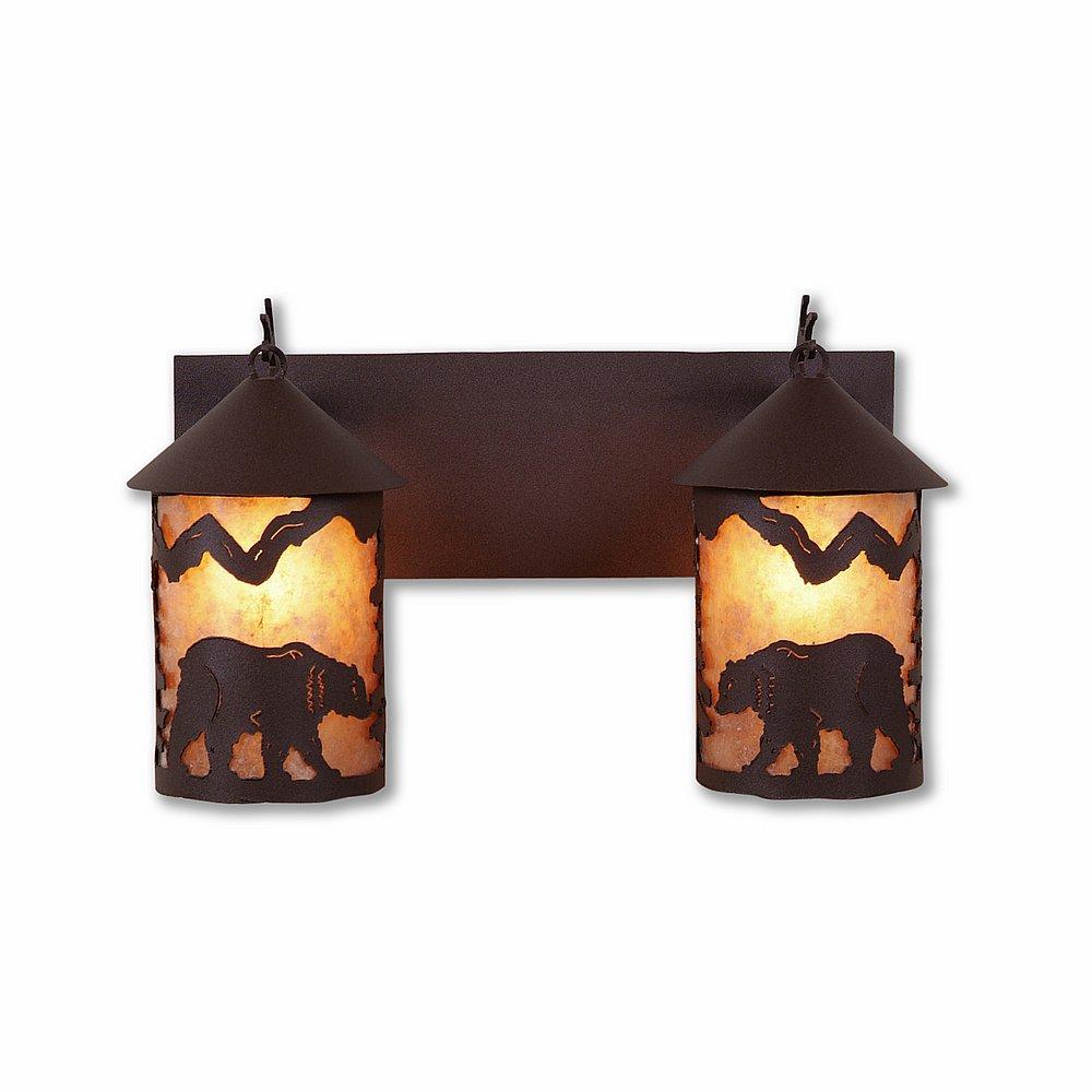 Cascade Double Bath Vanity Light - Mountain Bear - Almond Mica Shade - Rustic Brown Finish