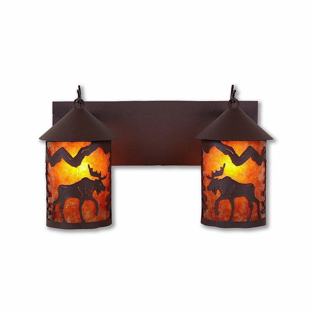 Cascade Double Bath Vanity Light - Mountain Moose - Amber Mica Shade - Rustic Brown Finish