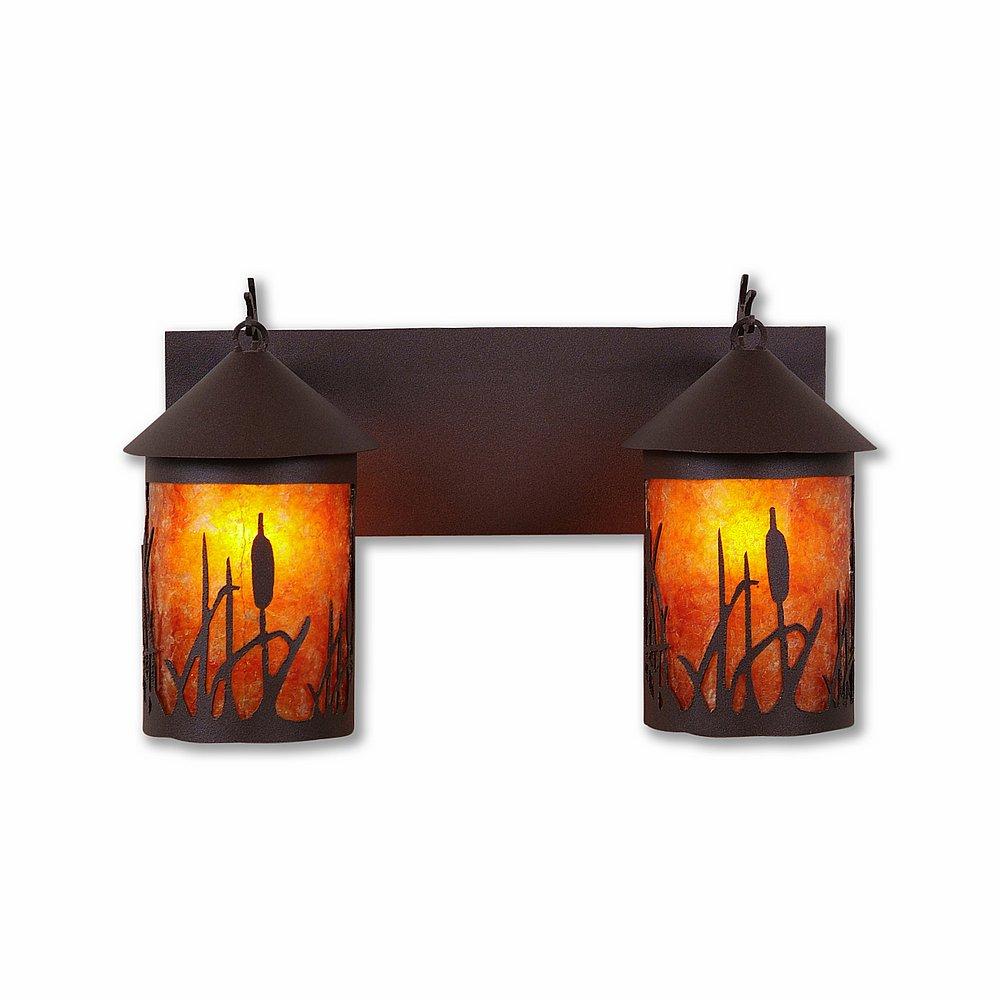 Cascade Double Bath Vanity Light - Cattails - Amber Mica Shade - Rustic Brown Finish