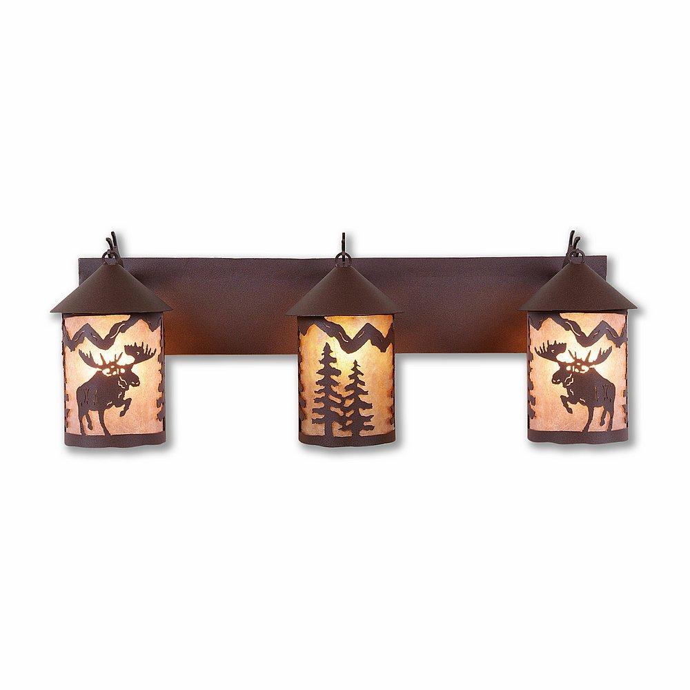 Cascade Triple Bath Vanity Light - Alaska Moose - Almond Mica Shade - Rustic Brown Finish