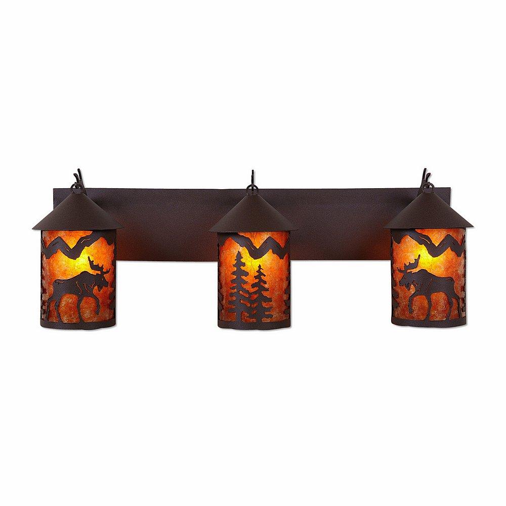 Cascade Triple Bath Vanity Light - Mountain Moose - Amber Mica Shade - Rustic Brown Finish