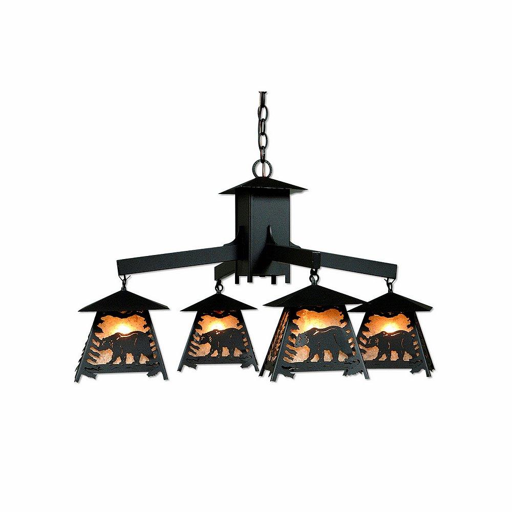 Smoky Mountain 4 Light Chandelier - Mountain Bear - Almond Mica Shade - Black Iron Finish