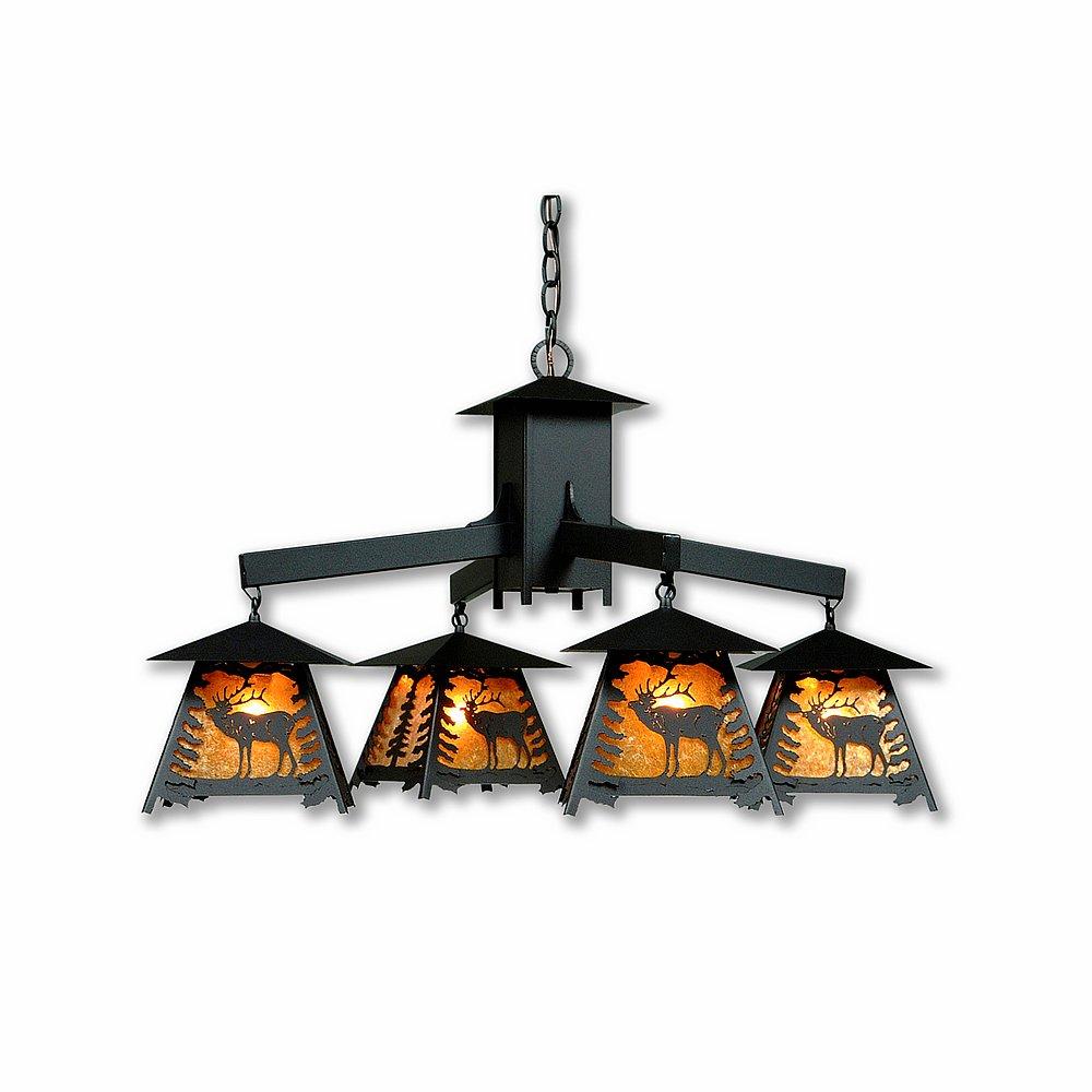 Smoky Mountain 4 Light Chandelier - Mountain Elk - Amber Mica Shade - Black Iron Finish